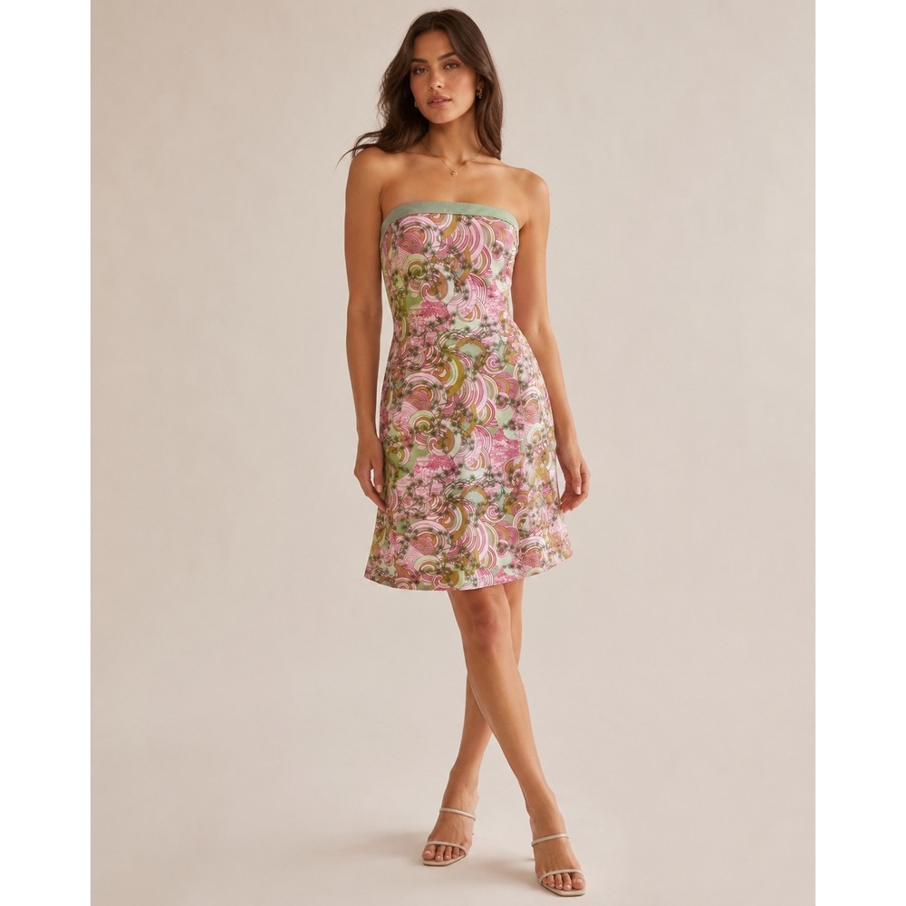 Vintage Y2K‎ Robin Jordan Dress 6 Pink Strapless Psychedelic Tropical Print mod